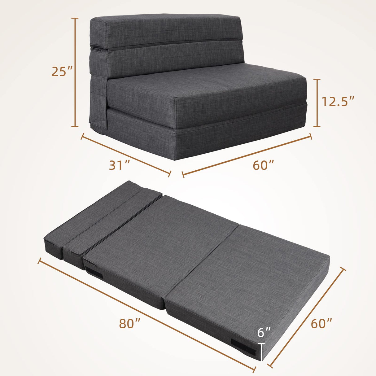 Nigoone Queen Size Folding Sofa Couch Memory Foam with 2 Pillows Sleeper Chair Lazy Couch Triple Futon Convertible Guest Beds, Washable Cover,Dark Gray Nigoone