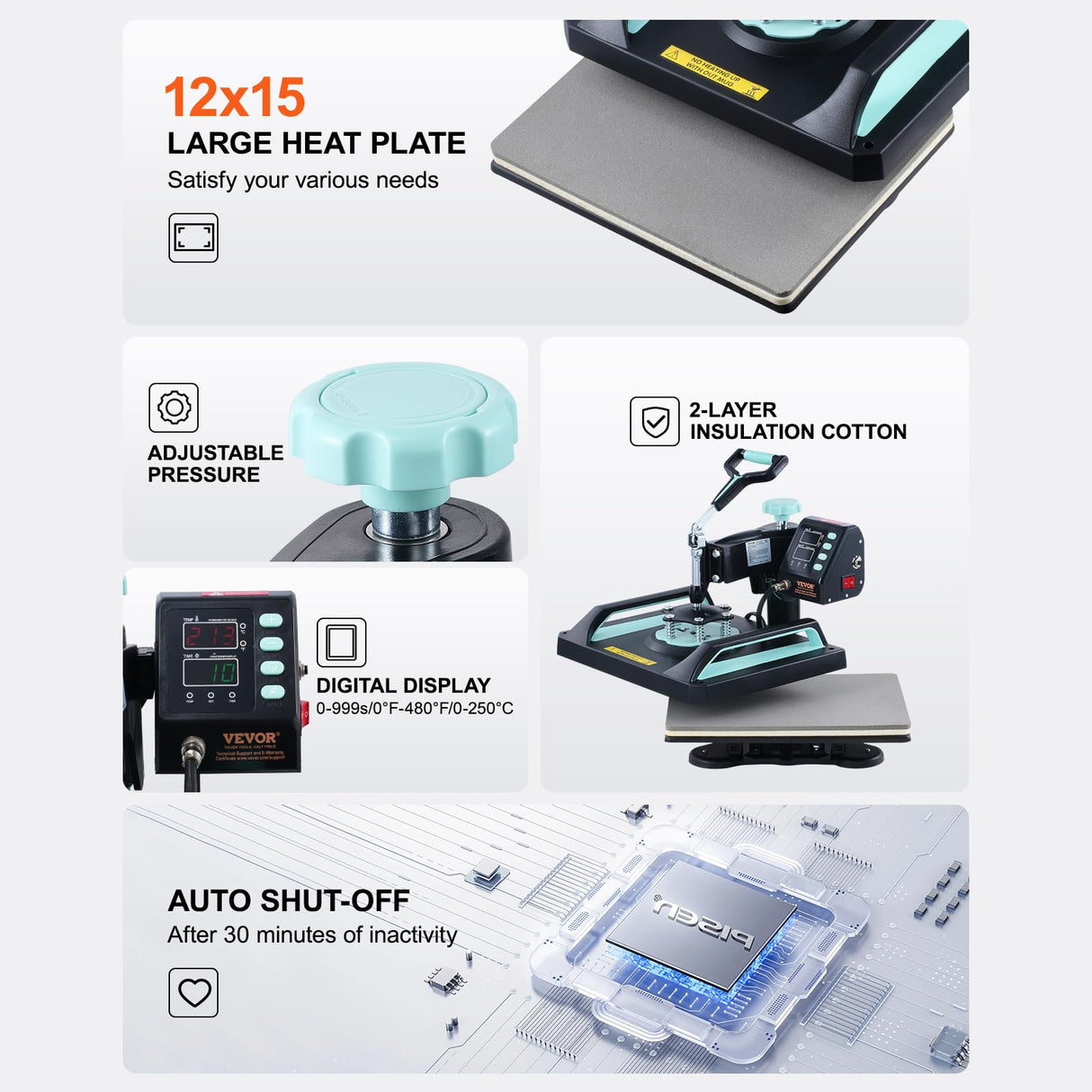 VEVOR 8 in 1 Heat Press Machine for T Shirts Hats Mugs Plates - 12x15 Swing Away Shirt Press Machine with 30 OZ Tumbler Press, Hat Press, Plate Press, Light Green VEVOR