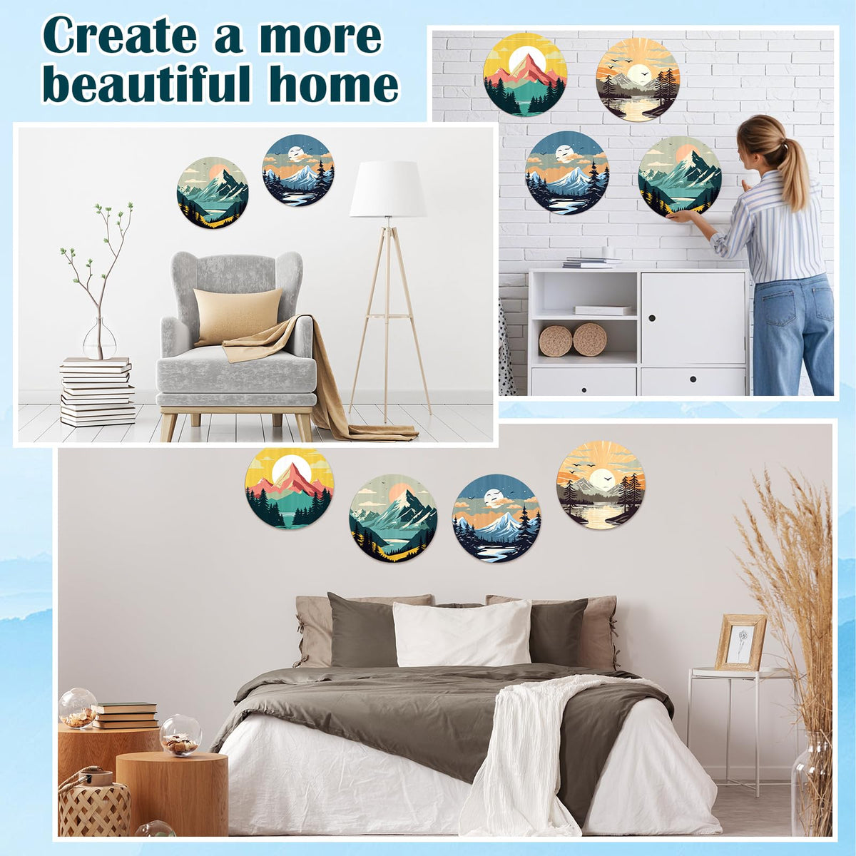 Faccito 4 Pack Wooden Landscape Paint by Numbers Kit for Adults Beginners 8 Inch Unfinished Round Wood Board Acrylic Paint Nylon Brush Hook Distant Mountains Sunset Lake DIY Crafts for Home Wall Decor Faccito