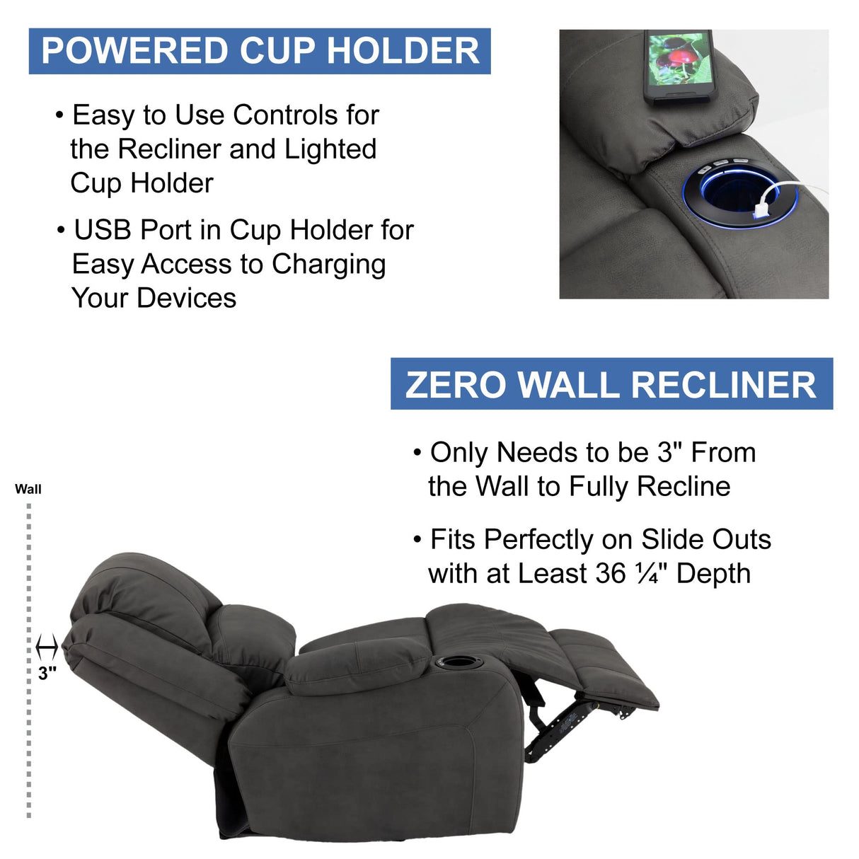 RecPro Charles 58" Powered Double RV Wall Hugger Recliner Sofa RV Loveseat with Upgraded 2023 Fabric (Gunmetal) RecPro