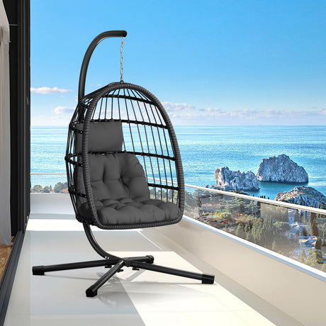 CHABATREE Egg Chair with Stand,Patio Rattan Wicker Hanging Swing Egg Chair Hammock Chair for Bedroom Porch Garden,Thickened Aluminum Alloy Steel Frame and UV Resistant Cushion,350LBS Capacity CHABATREE