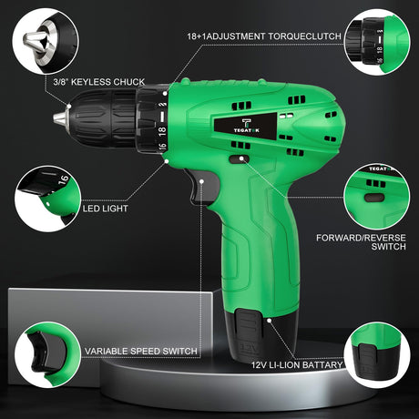 Tegatok Cordless Drill Set,12V Power Drill Set with Battery and Charger, Electric Driver Drills Bits, 3/8'' Keyless Chuck,18+1 Torque Setting with LED Electric Drills Set Tegatok