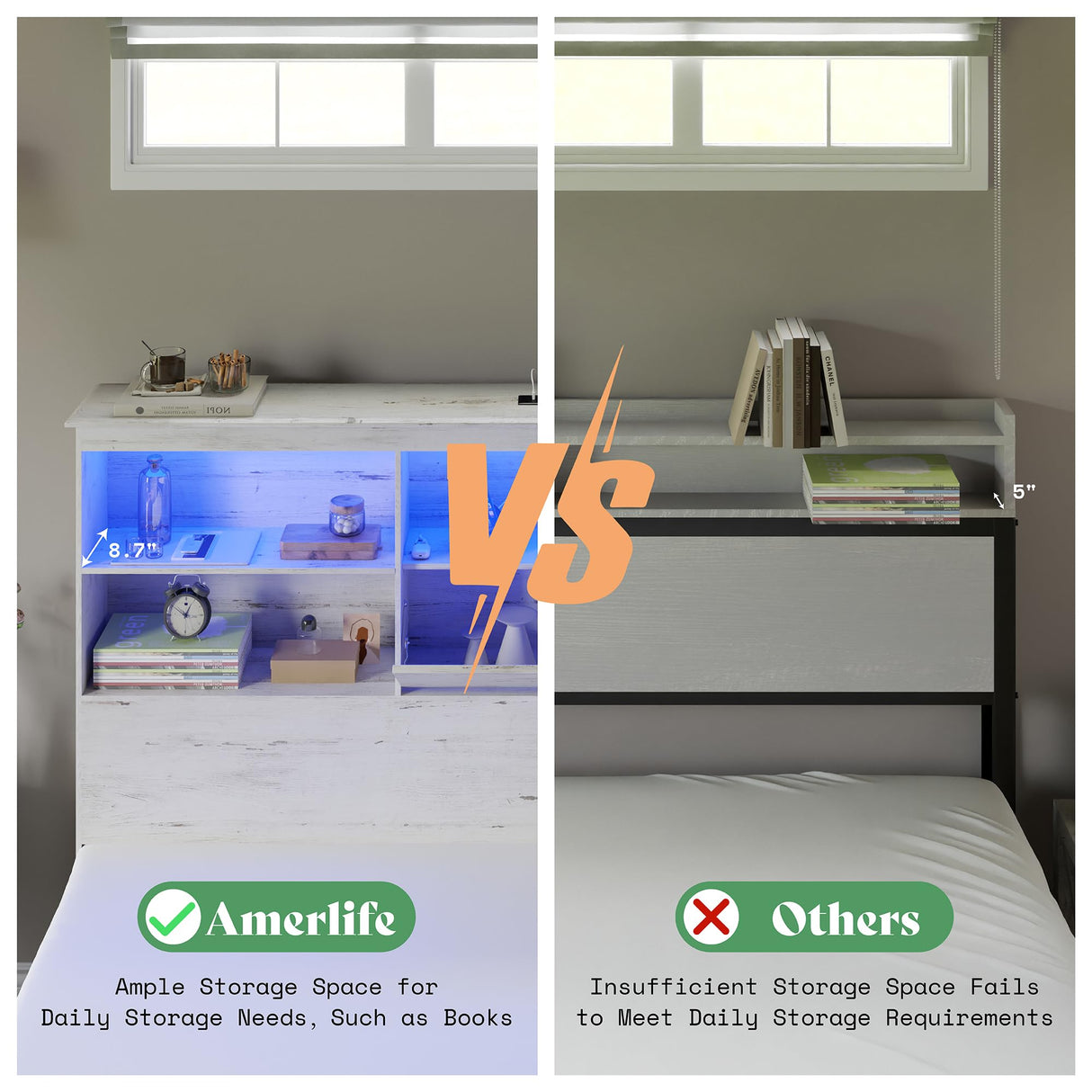 AMERLIFE King Size Bed Frame Wooden Platform Bed with 51.2" Storage LED Bookcase Headboard, 4 Storage Drawers & Charging Station/No Box Spring Needed/Noise Free/Distressed White AMERLIFE