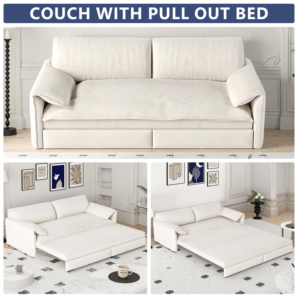 Lyngins 66" Queen Sleeper Sofa,Velvet Convertible Sofa Bed Queen, 3-in-1 Pull Out Couch Bed, Sleeper Loveseat for Small Spaces, Living Room, Office, Apartment Lyngins