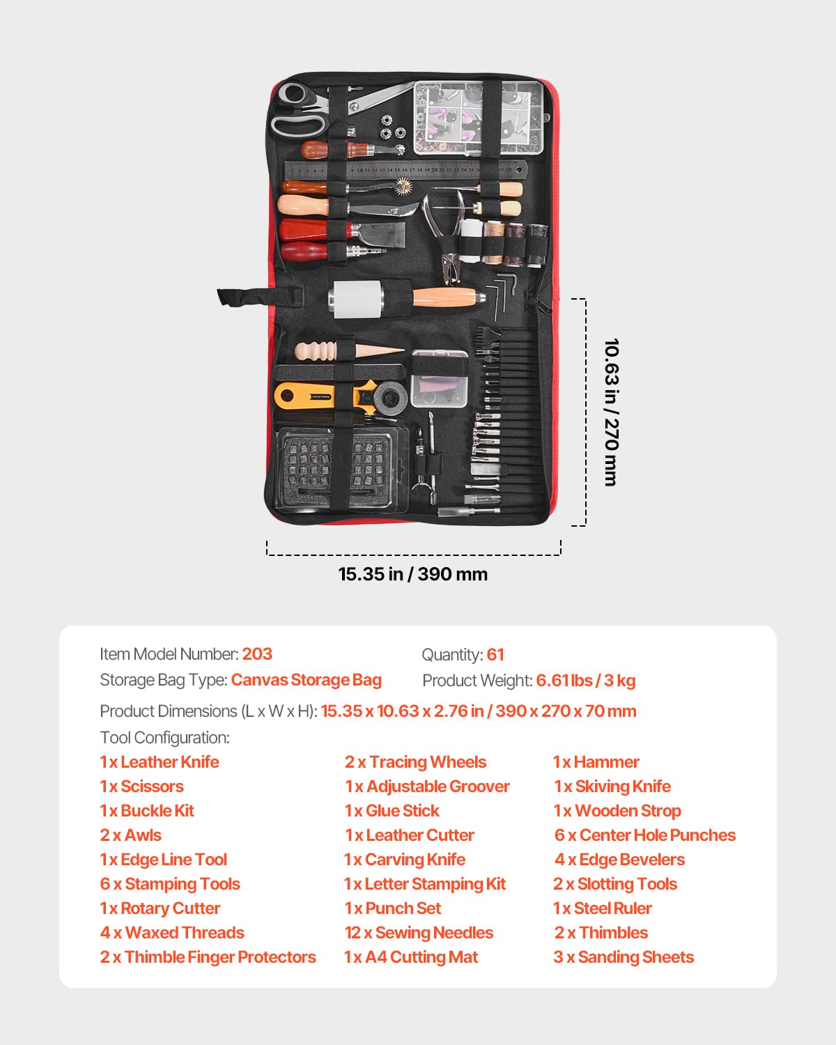 VEVOR Leather Working Tools Kit, 61 PCS Leather Craft Tools with Portable Canvas Storage Bag, Engraving Punching Sewing Stamping Sanding Tools, Ideal for Beginners DIY Enthusiasts and Professionals VEVOR