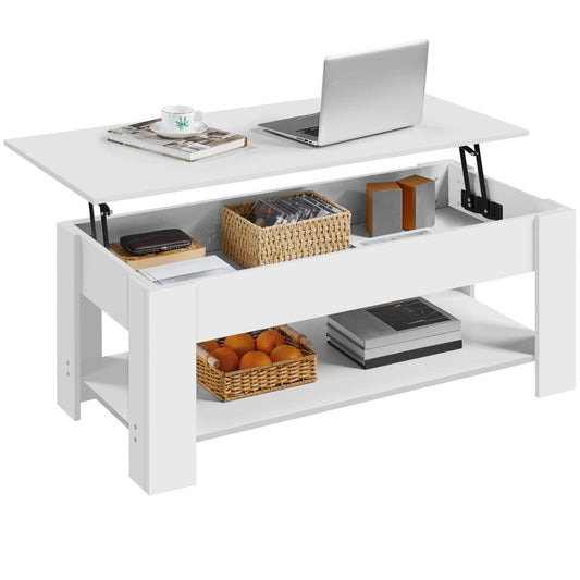 Yaheetech Lift Top Coffee Table with Hidden Compartment and Storage Shelf, Rising Tabletop Dining Table for Living Room Reception Room, 47.5in L, White