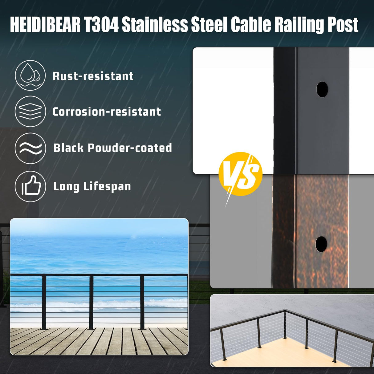 HEIDIBEAR Cable Railing Post, Flat Top Level Drilled Post Black Stainless Steel Deck Post 36’’x2’’x2’’-9Holes with Protector Sleeve Cable Railing System Wood Concrete Level Deck, PF01-L HEIDIBEAR