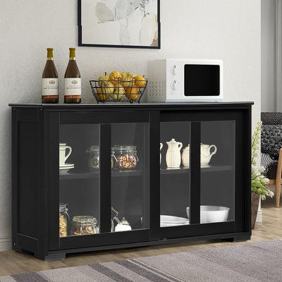 FANTASK Kitchen Storage Cabinet Sideboard, Stackable Buffet w/Height-Adjustable Shelf & 2 Glass Sliding Doors, Accent Console Table for Kitchen Dining Living Room Hallway Office (Black)