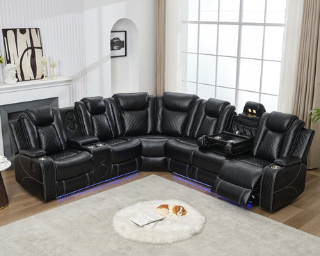 Power Recliner Sectional Sofa with Bass Speaker,Wireless Charger,Electric Reclining Sectional Sofa with 2 Faux Leather Recliner,LED Strip,Reading Light,Type-C USB Port,Cup Holder,Storage Console Black Comfort Stretch