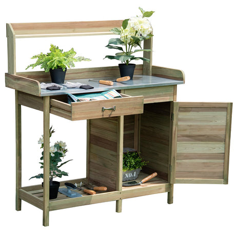 Giantex Potting Bench Table for Outside Natural Wood Garden Plant Lawn Patio Table Storage Shelf Metal Tabletop Outdoor Workstation Flower Pot Bench (Natural Fir w/Cabinet) Giantex