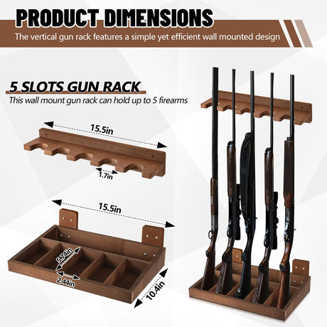 GlikCeil 1 Set Wooden Vertical Gun Rack Wall Mount Indoor Hold up to 5 Long Guns Shotguns Rifle Racks Display Holder Stand for Firearms Display Storage Home Accessories Office(Walnut) GlikCeil