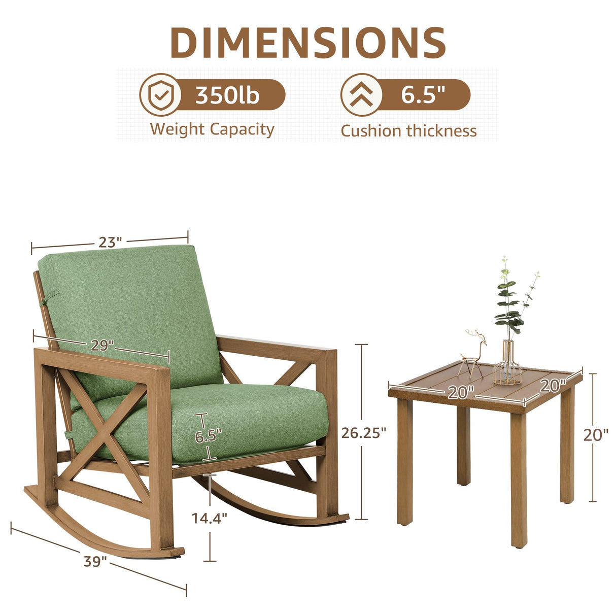 NATURAL EXPRESSIONS Rocking Bistro Set, 3 Piece Outdoor Patio Conversation Furniture Set with 2 Rockers and 1 Metal Coffee Table with Thick Cushions for Backyard,Porch,Poolside,300lbs NATURAL EXPRESSIONS