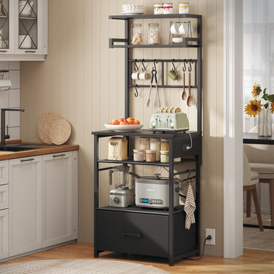 Itaar 6 Tier Bakers Rack, Coffee Station with Power Outlet, Farmhouse Small Coffee Bar with Drawer for Small Space, Microwave Stand with Storage and 8 Hooks for Kitchen, Living Room (Black)
