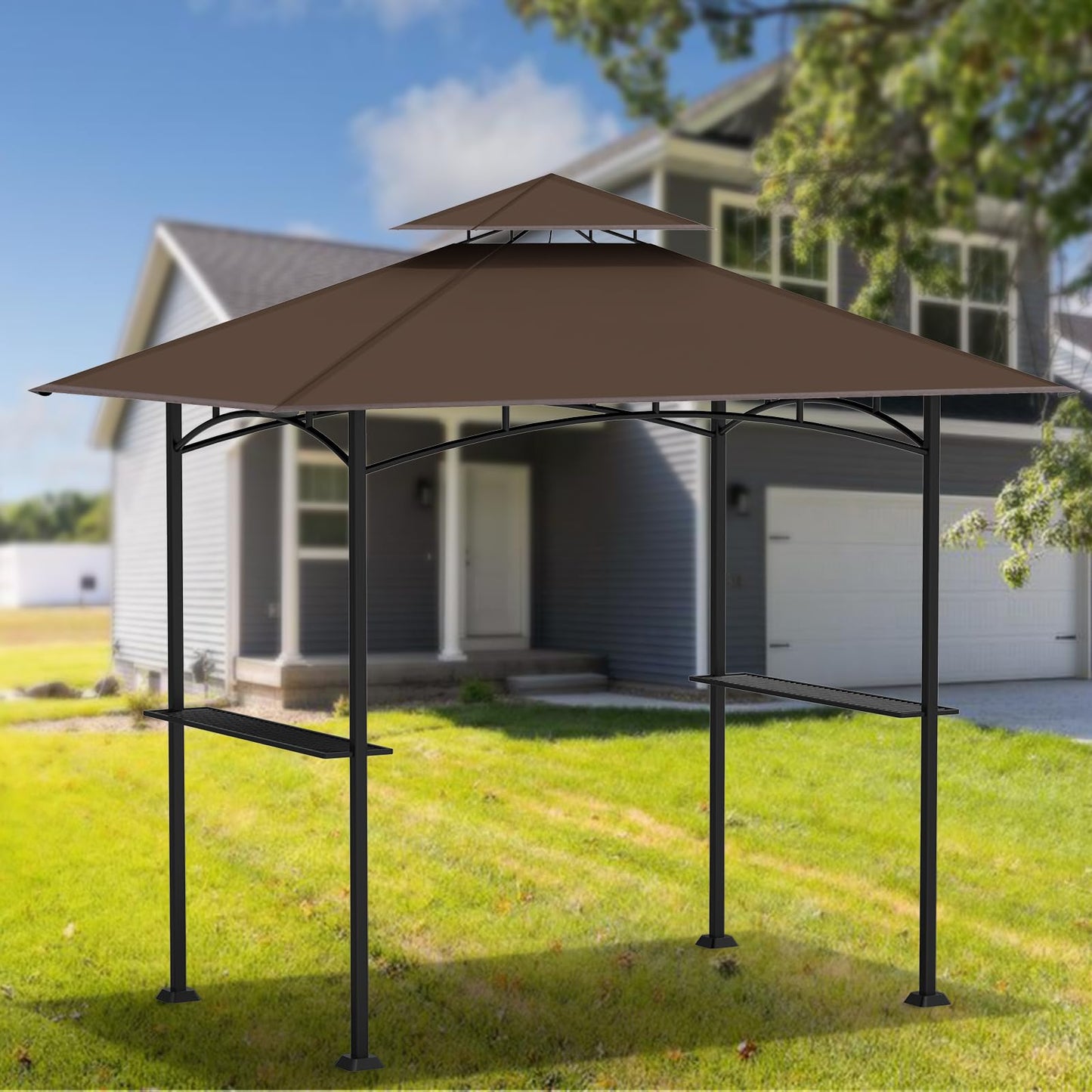 Grill Gazebo Replacement Canopy Top - AONEAR 5'x8' Outdoor BBQ Tent Roof Cover Double Tiered Outdoor Grill Shelter Fit for Model L-GG001PST-F (Brown)