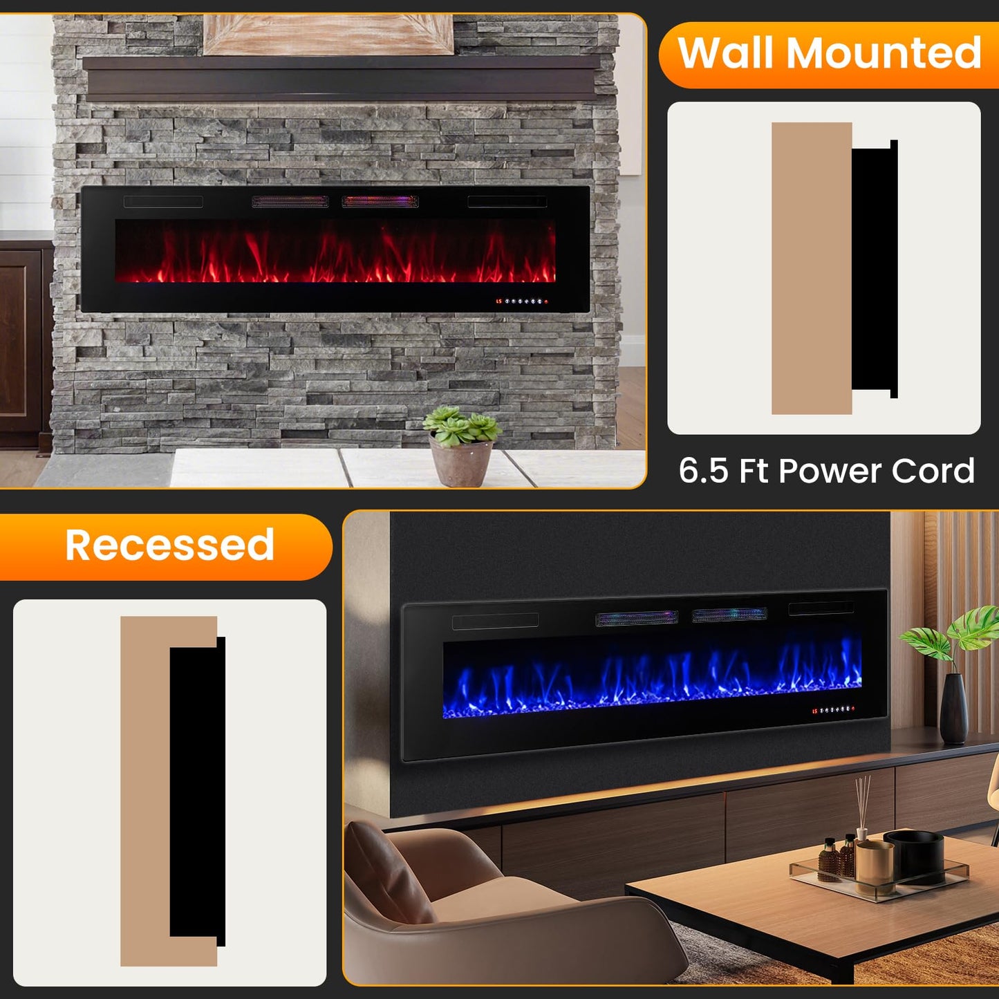 ORALNER 72” Smart WiFi Electric Fireplace, Ultra Thin Linear Recessed & Wall Mounted App Controlled Fireplace Heater with Adjustable Flame Color & Speed, Remote, 12 H Timer (72 INCHES)