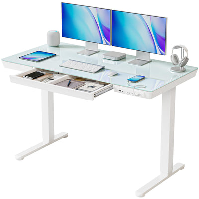 BANTI Electric Standing Desk with Drawers, 48 inch Whole-Piece Glass Desktop, Height Adjustable Stand up Sit Stand Home Office Ergonomic Workstation, White Tabletop