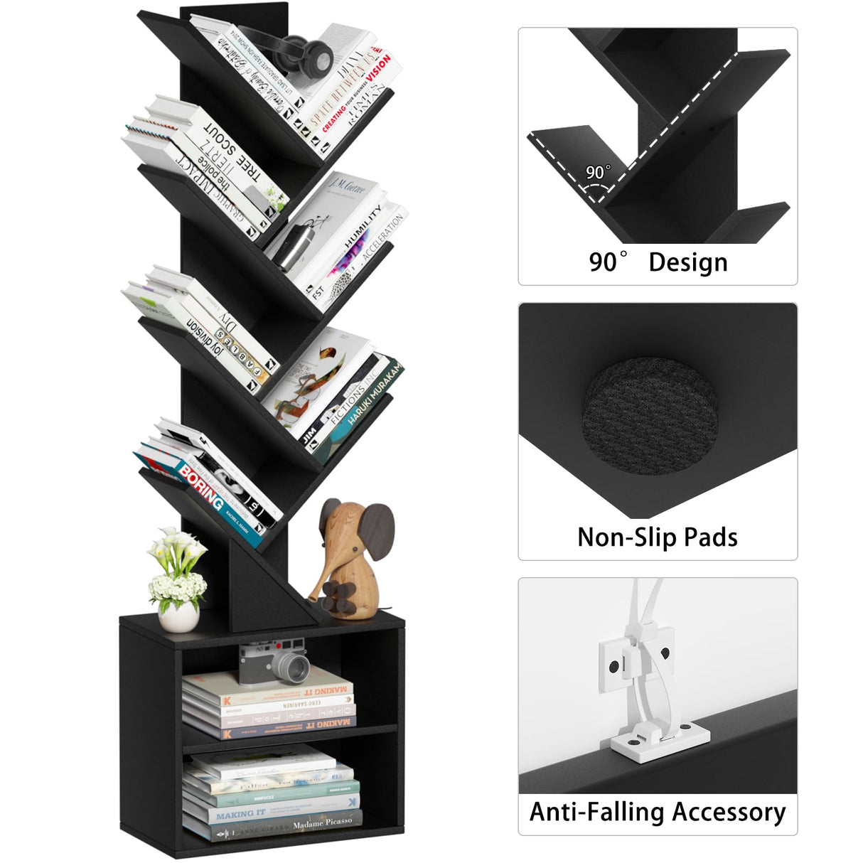 SHEEPAM 10 Tier Tree Bookshelf,Floor Standing Wood Tall Bookcase for Narrow Space, Storage Organizer Bookshelves for Books, Book Case for CDs/Movies/Books,Home Office,Living Room, Bedroom SHEEPAM