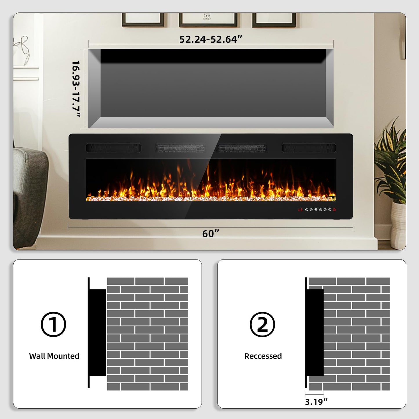 Eueiriup 60” Recessed and Wall Mounted Fire Places Electric Fireplace with Remote Control, Toucn Screen