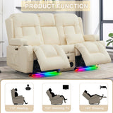 URRED Power Reclining Loveseat Sofa with Console, RV Couch Loveseat Recliner Sofa with Massage & Heat, LED Light, Cupholders, Bluetooth Speakers, USB Charge Ports, Outlets, Faux Leather, Ivory URRED