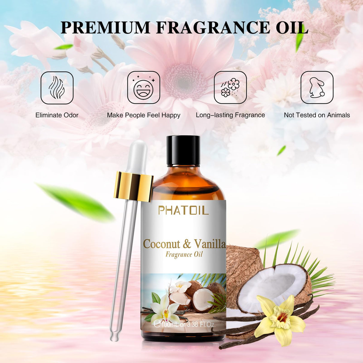 PHATOIL 3.38FL.OZ Coconut & Vanilla Fragrance Oils for Aromatherapy, Essential Oils for Diffusers for Home, Perfect for Diffuser, Yoga, DIY Candle and Soap Making - 100ml PHATOIL