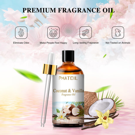 PHATOIL 3.38FL.OZ Coconut & Vanilla Fragrance Oils for Aromatherapy, Essential Oils for Diffusers for Home, Perfect for Diffuser, Yoga, DIY Candle and Soap Making - 100ml PHATOIL