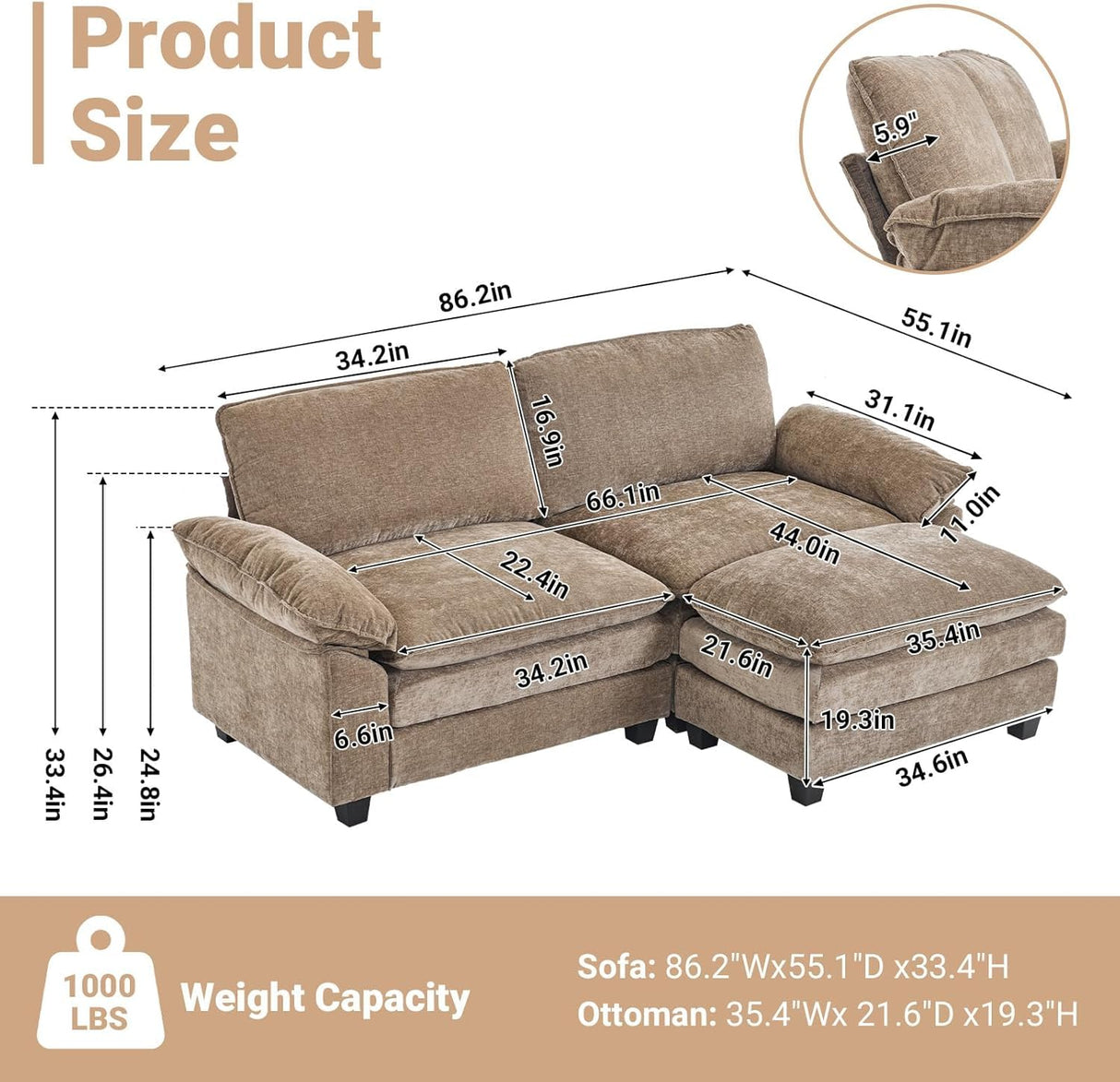 VINGLI Convertible Sectional Loveseat Sofa with Deep Seat &Movable 2-Layer Ottoman, Oversized L-shape Cloud Sofa with Chaise & Armrests, 2-Seat Sofa for Small Spaces & Apartment, Chenille, Light-Brown VINGLI