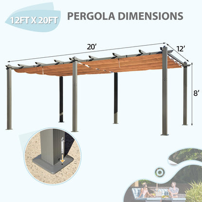 EROMMY 12 x 20 FT Outdoor Pergola with Retractable Canopy, Aluminum Frame, Patio Metal Shelter with Adjustable and Removable Sun Shade Canopy for Patio, Garden, Deck, Beige