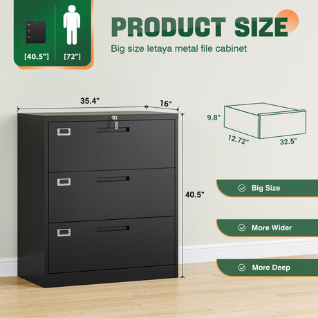 Letaya Lateral 3 Drawer File Cabinets with Lock, Metal Filing Storage Vertical Cabinets,Home Office Furniture for Organization Hanging Letter/Legal/F4/A4(Black) Letaya
