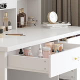 FUNISIR Makeup Vanity Desk with Sliding Mirror and Lights, Makeup Table Set with 3 Colors LED Light, 5 Drawers, Shelves & Stool, Bedroom Dressing Table Girls Vanity Desk in White FUNISIR