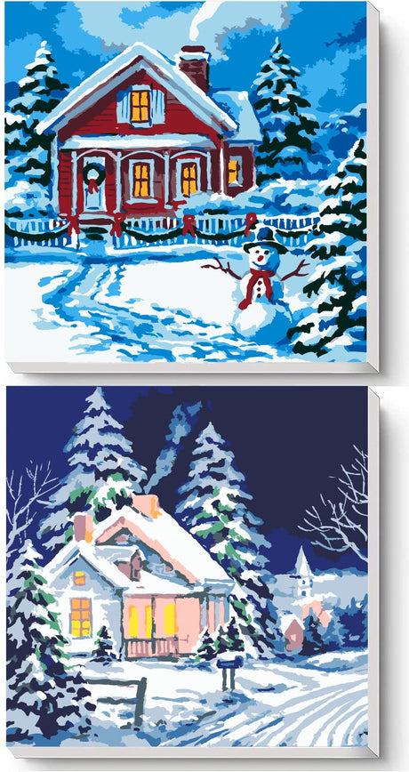 Neopalette 2 Framed DIY Paint by Number for Adults- Arts and Crafts, Paint by Numbers, Painting Kit, Crafts for Adults, Kids, Color by Number, Two 10x10 Stretched Canvas (Christmas Country House) Neopalette