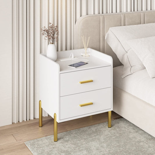 2 Drawer White Nightstand for Bedroom, Mid Century Modern End Table with Charging Station Farmhouse Storage Night Stand Side Table with USB Ports and Outlets for Living Room