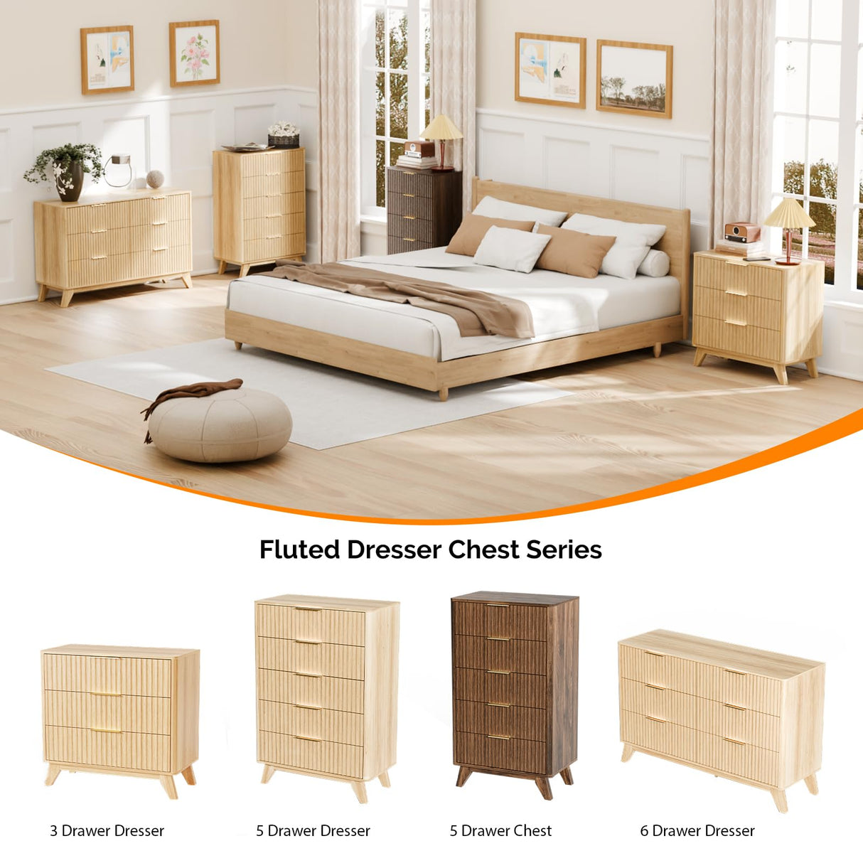 VINGLI Fluted Dresser 6 Drawer, Wood Dresser for Bedroom with Rounded Edges, Mid Century Modern Dressers 47" Long Chest of Drawers, Natural Wood Color, 46.8" W*15.6" D*31" H VINGLI