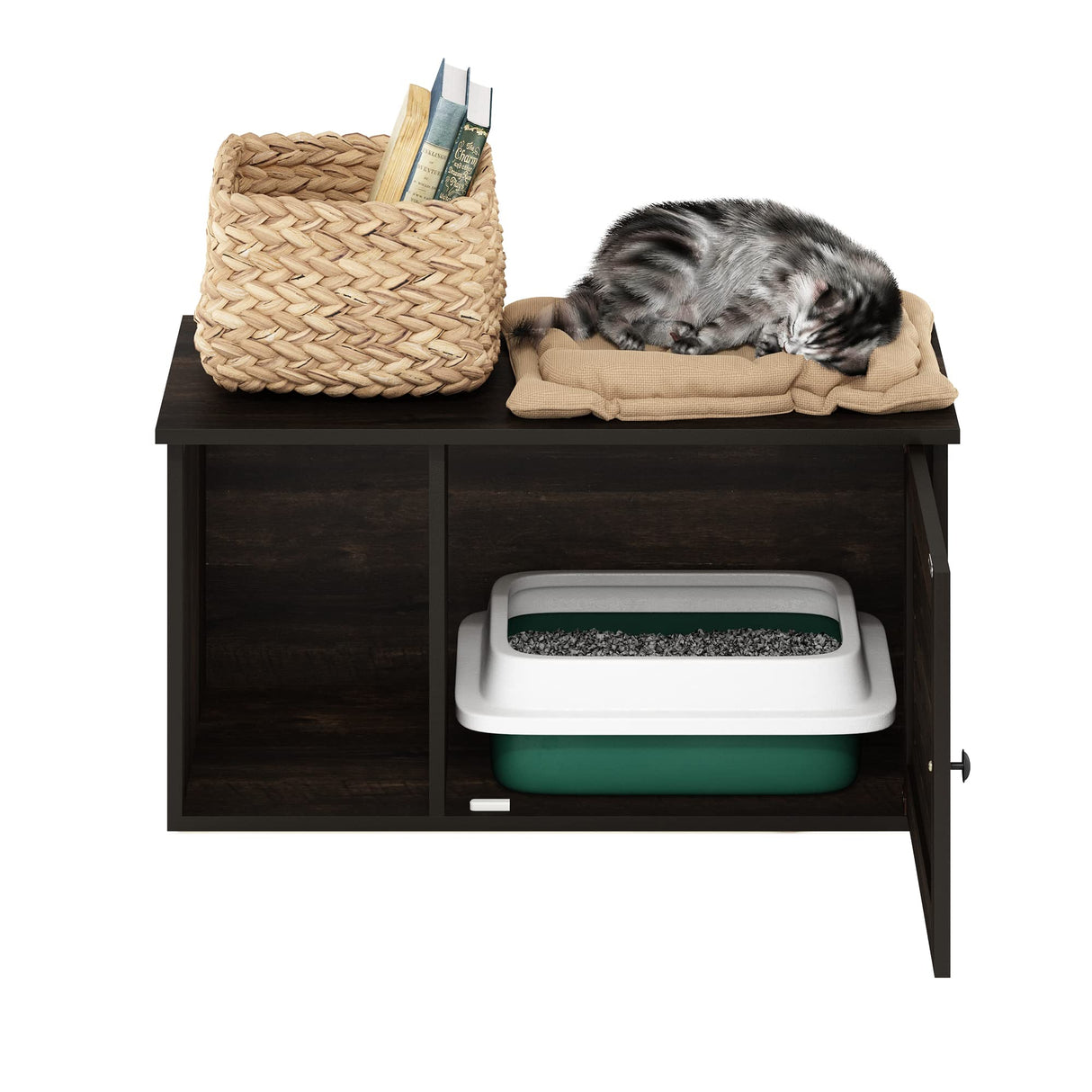 Furinno Peli Farmhouse Hidden Cat Litter Box with Divider, Ebony Furinno
