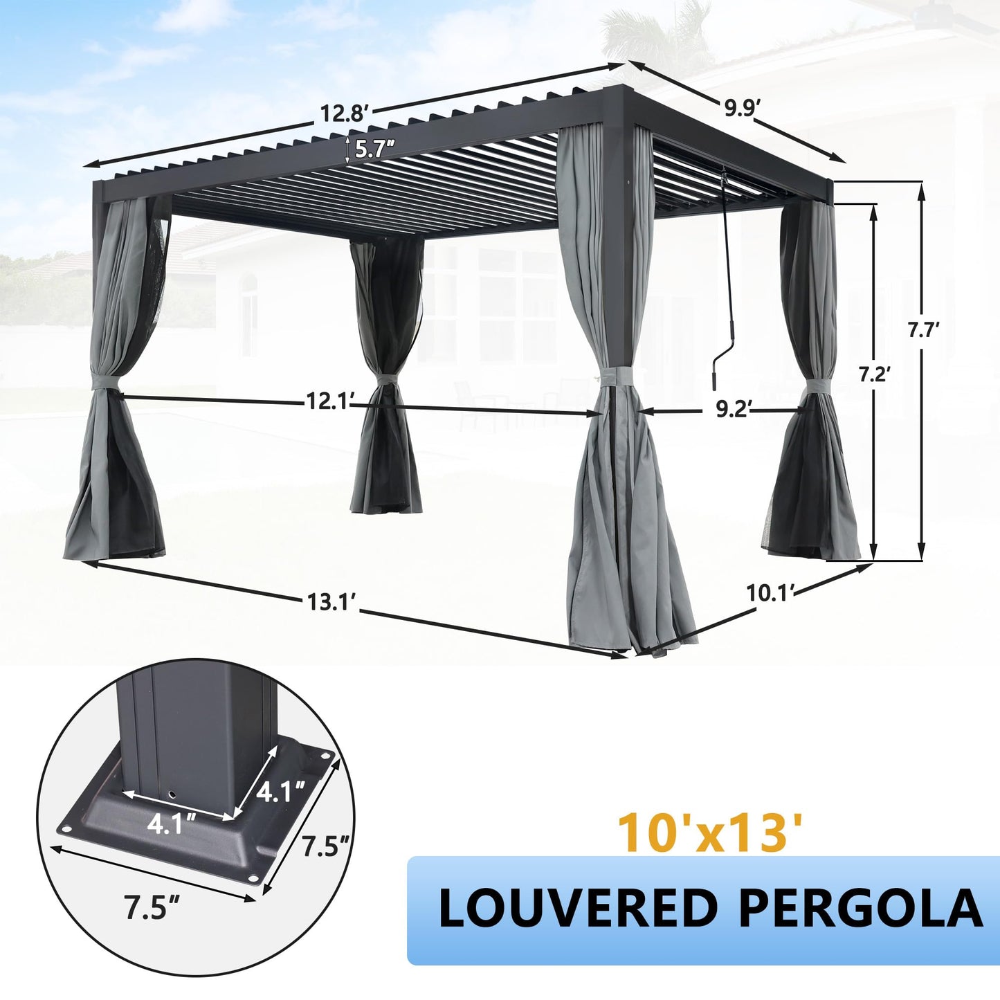 jamege 10' × 13' Louvered Pergola with Adjustable Roof, Outdoor Aluminum Pergola with Curtain and Netting, Hardtop Patio Pergola for Garden Porch Yard Deck - WoodArtSupply