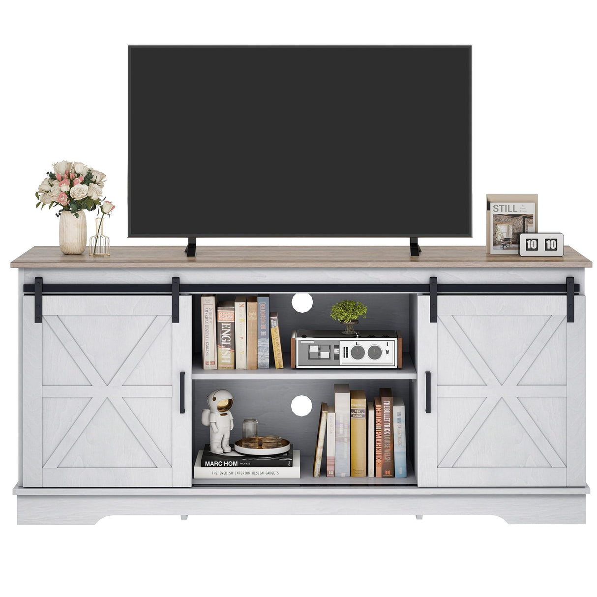 YITAHOME Farmhouse TV Stand for 65 Inch Television Stand, Entertainment Center with Storage Cabinets and Sliding Barn Doors, Rustic Media TV Console Table for Living Room, Grey White/Grey Wash YITAHOME