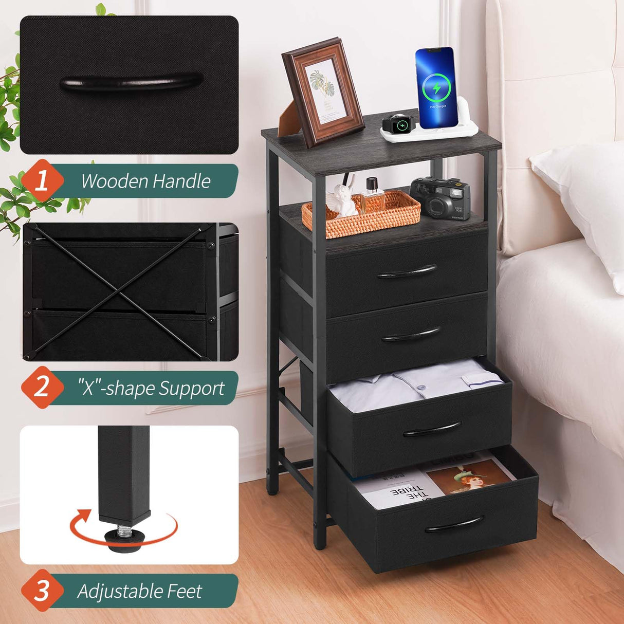 Yoobure Night Stand - LED Nightstand with Charging Station, Bedside Table with 4 Fabric Storage Drawers and Storage Shelf, End Table with USB Ports and Outlets, Tall Dresser for Bedroom Yoobure