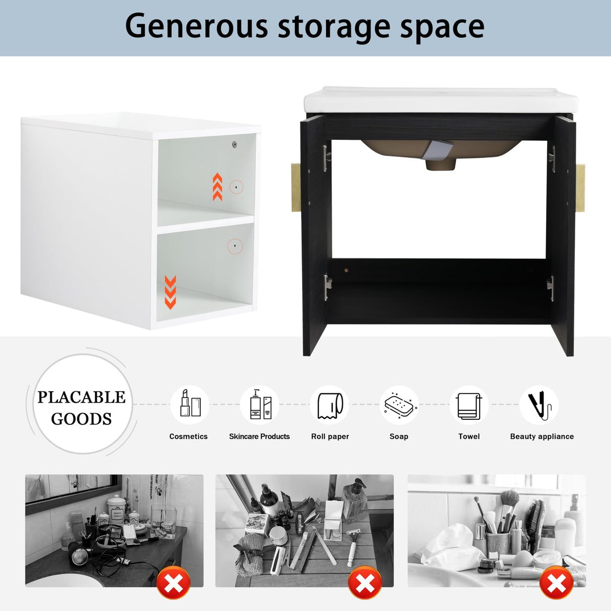 60 Inch Floating Bathroom Vanity, 60" Bathroom Vanity with Sink, Modern Double Sink Bathroom Vanity Combo,Black Wall Mounted Cabinet Set with Open Storage Shelf WoodArtSupply