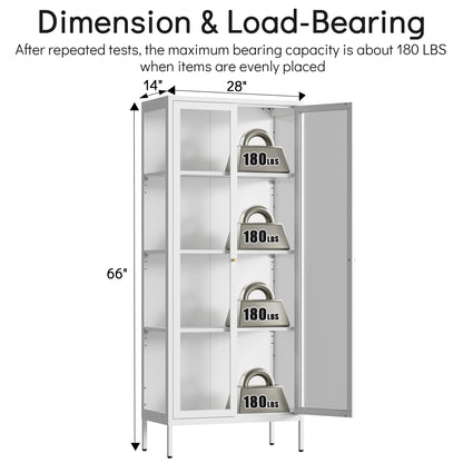 Polup Display Cabinet with 3 Color LED Lights and Tempered Glass, 66 Inch Tall Curio Cabinet with 3 Side Glass, White Display Case for Collectibles, Metal Cabinet for Living Room - Assemble Required