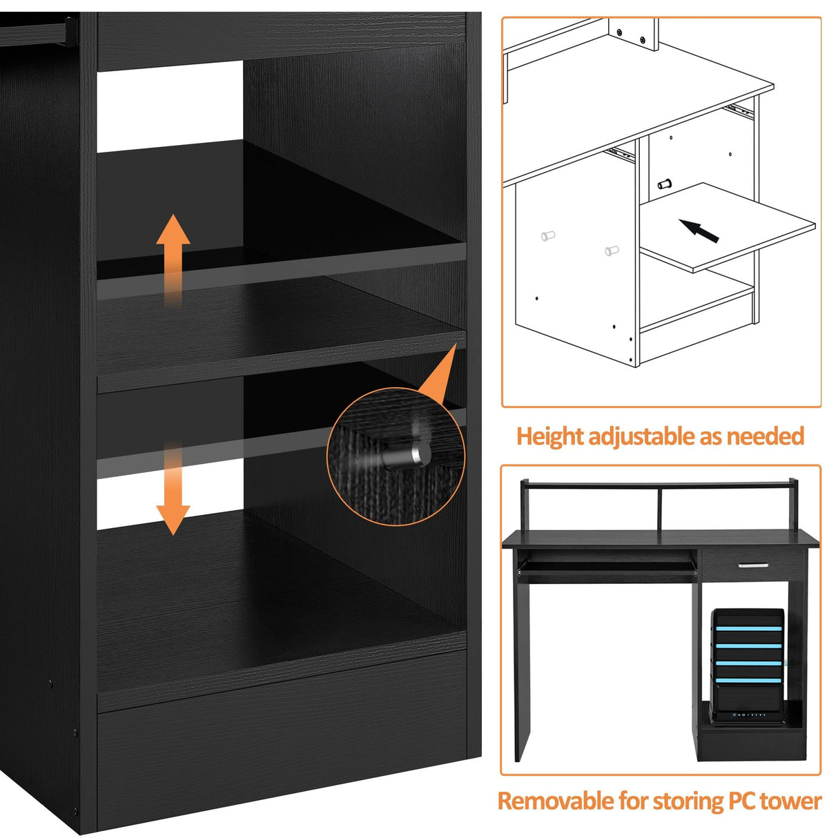 Yaheetech Home Office Wood Computer Desk with Drawers and Pull-Out Keyboard Tray, Study Writing Desk PC Laptop Table with Hutch and Storage Shelves, Modern Workstation, Black Yaheetech