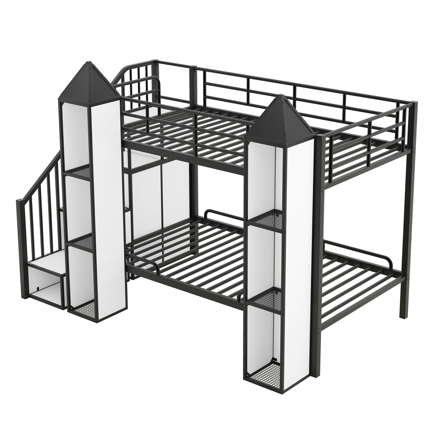 Harper & Bright Designs Twin Over Twin Metal Bunk Bed with Stairs and Storage Wardrobe, Castle-Shaped Bunk Bed Heavy-Duty Steel Frame, Noise Free,for Kids Teens Adults, Black+White