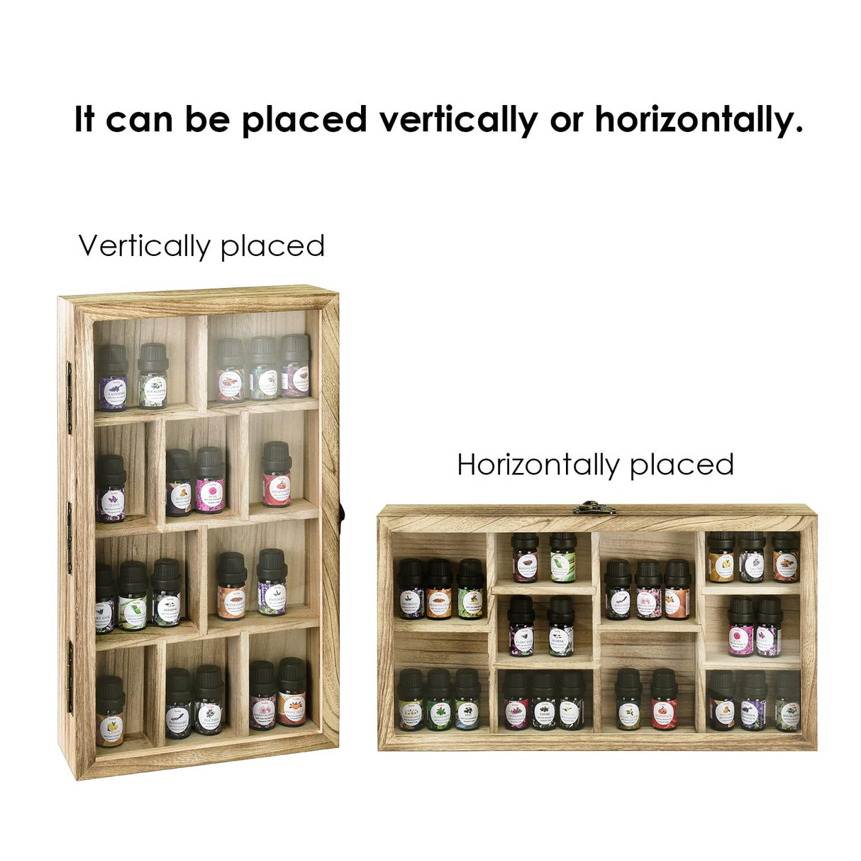 Ikee Design Wooden Collection Display Case with Hinged and Clear Tempered Glass Top, Wall Mounted 10 Slots Wood Display Storage Box for Mini Figures, Collections, Essential Oils, Oak Color Ikee Design