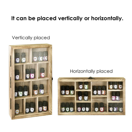 Ikee Design Wooden Collection Display Case with Hinged and Clear Tempered Glass Top, Wall Mounted 10 Slots Wood Display Storage Box for Mini Figures, Collections, Essential Oils, Oak Color Ikee Design