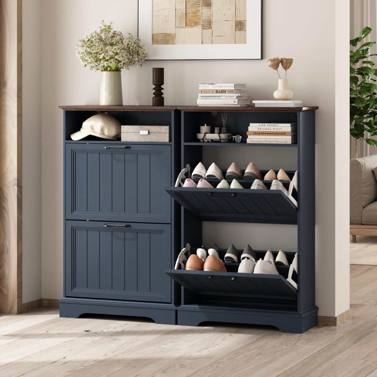 Shoe Storage Cabinet with 2 Flip Drawers, 24" W Farmhouse Modern Hidden Shoes Rack Cabinet with Adjustable Shelves & Open Storage, Narrow Slim Shoe Organizer for Front Door Entrance, Entryway, Blue WINWY