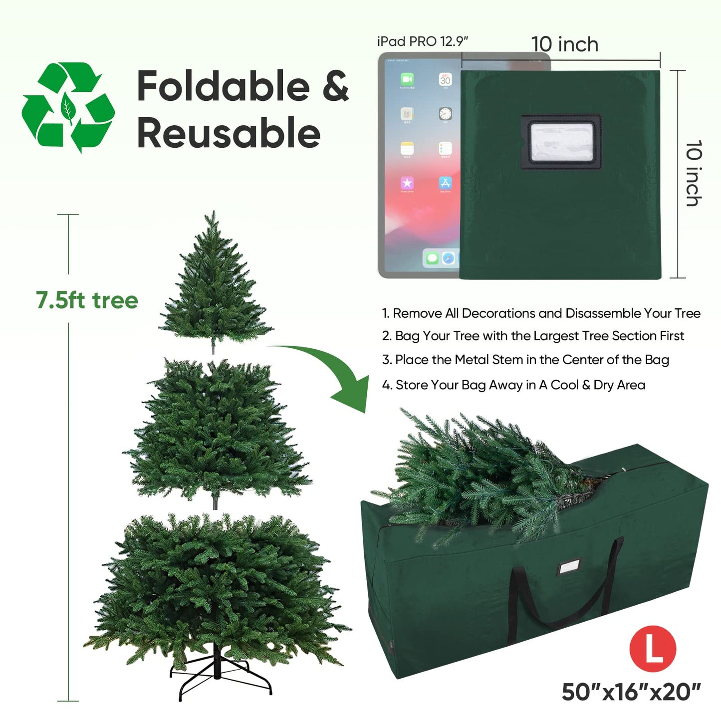 BALEINE 7.5 ft Extra Large Christmas Tree Storage Bag With Reinforced Handles and Dual Zippers for Wide Opening (Green)