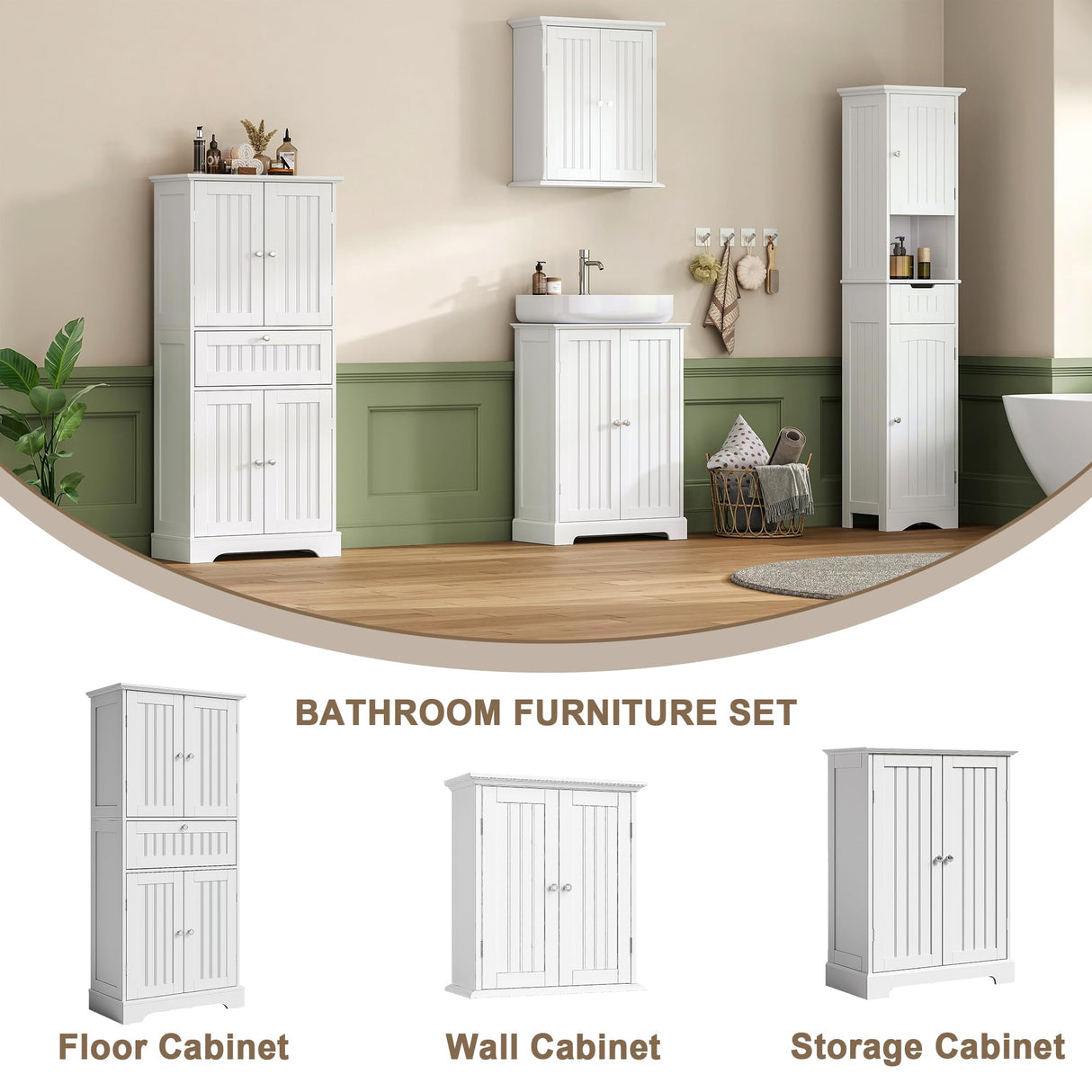 ChooChoo 51" H Tall Bathroom Floor Cabinet, Modern Bathroom Storage Cabinet with Drawer and Adjustable Shelves, Freestanding Kitchen Pantry Cupboard with 4 Doors for Living Room, White ChooChoo
