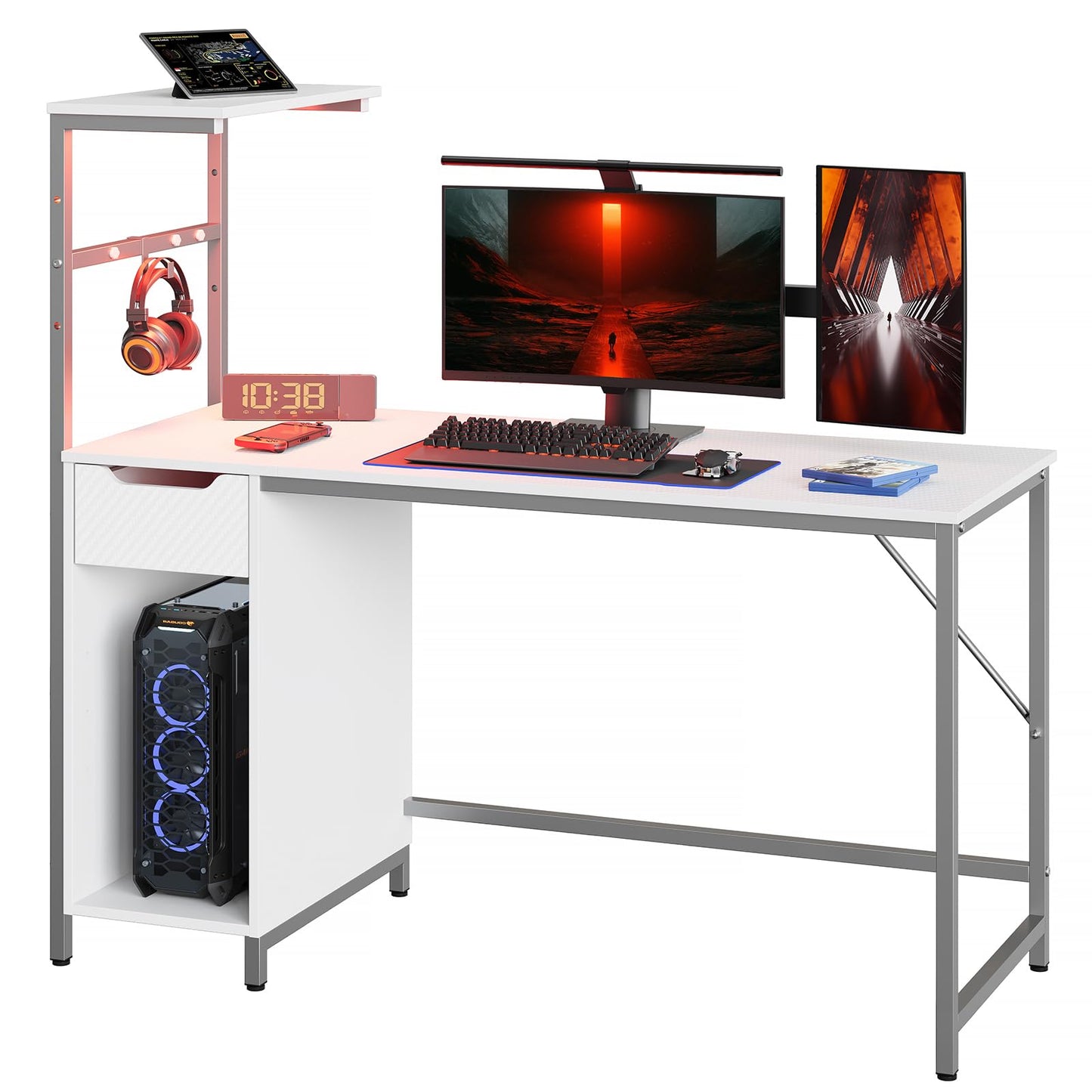 Bestier Gaming Desk with Drawer and LED Lights, 48 inch Computer Desk PC Table with Adjustable Storage Shelves & Hook for Home Office, Carbon Fiber White