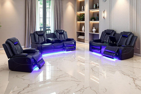 Toseslo Power Recliner Sofa Set, Black Leather 3 Pieces Sectional Couch, Living Room Furniture Sets with LED Light, Modern Power Reclining Sets with Storage Console/Cup Holder for Living Room Toseslo