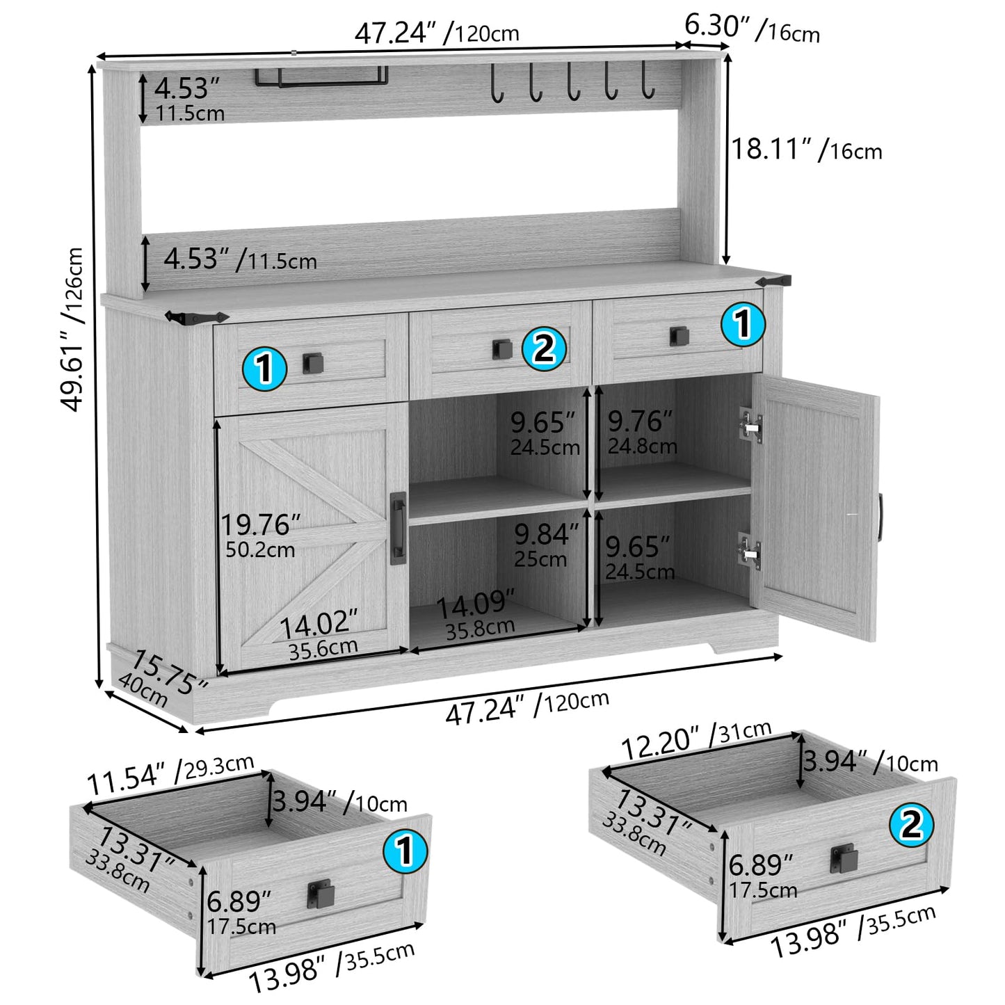 Gyfimoie Farmhouse Bar Cabinet with Hutch, Kitchen Buffet Cabinet with Storage Cabinet & 3 Sliding Drawers, Adjustable Shelf, Goblet Holder, Cup Hooks for Living Room, Dining Room Use (Grey)