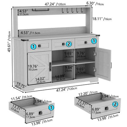 Gyfimoie Farmhouse Bar Cabinet with Hutch, Kitchen Buffet Cabinet with Storage Cabinet & 3 Sliding Drawers, Adjustable Shelf, Goblet Holder, Cup Hooks for Living Room, Dining Room Use (Grey)