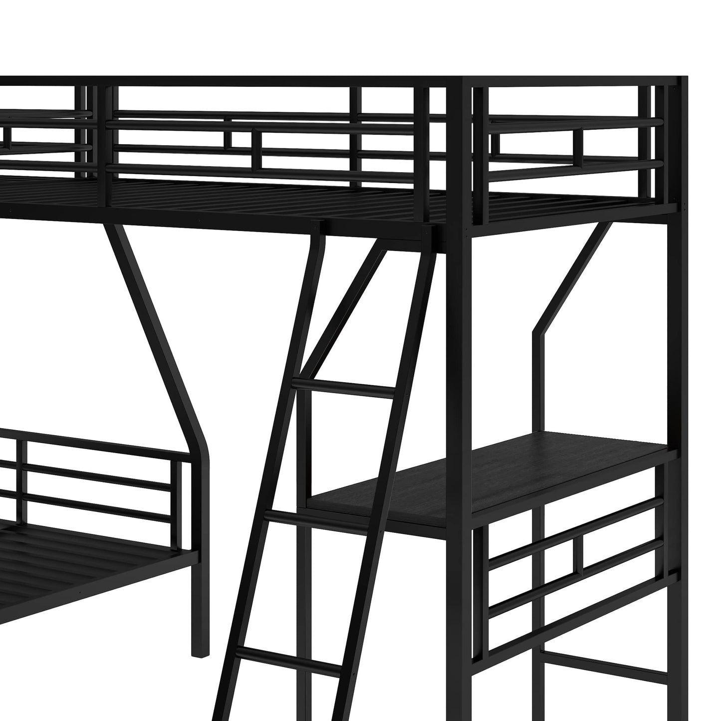 SOFTSEA Twin Over Full Metal Bunk Bed with Desk, L-Shaped Triple Bunk Bed with Ladder and Safety Guardrails, Heavy Duty Metal Bunk Bed Frame, Noise-Free, No Box Spring Needed, Black